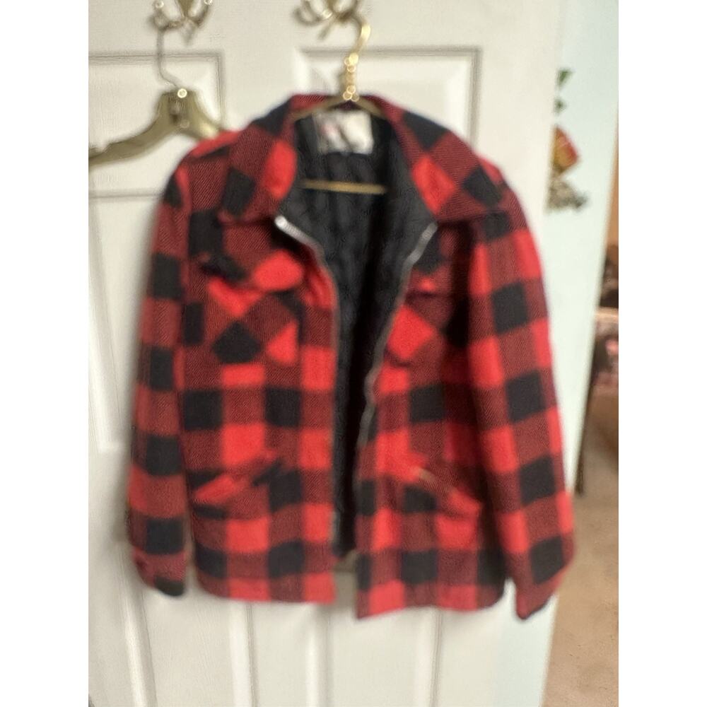 60s Weather G Shane Wool Jacket Red Black Buffalo Plaid USA Broken Zipper Med 42